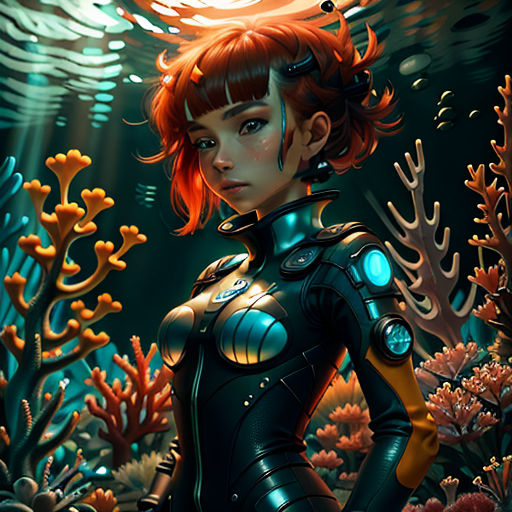 a woman in a futuristic suit standing in a underwater scene with corals and corals around her, with a light shining on her head
