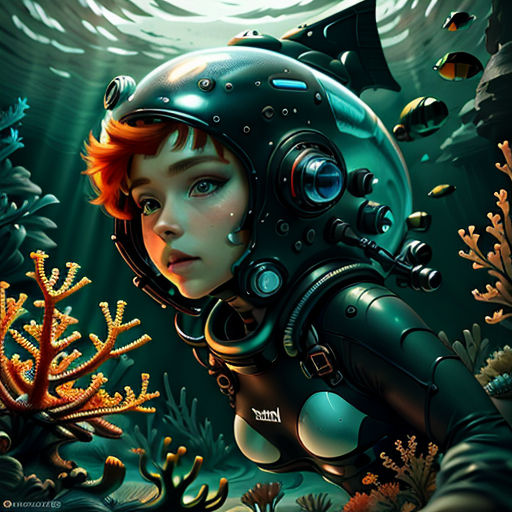 a painting of a boy in a diving suit and helmet under the water with corals and other sea life