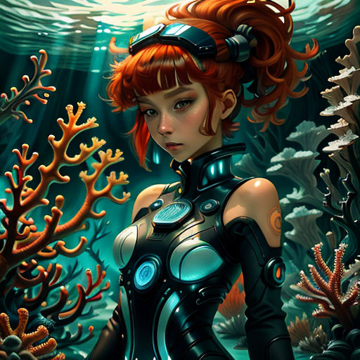a woman in a diving suit standing in the water with corals and seaweeds around her, with a full moon in the background