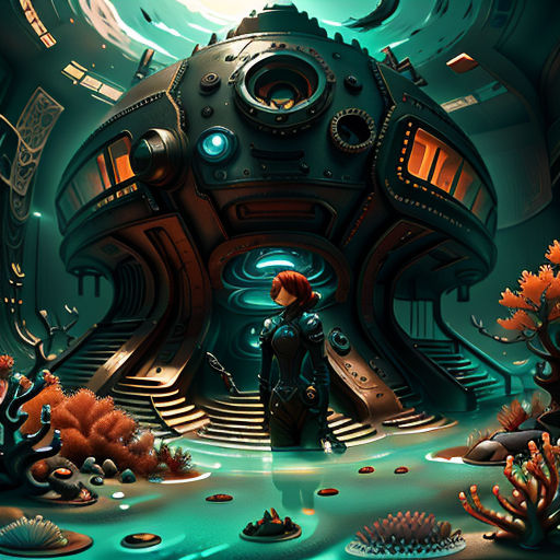 a man standing in front of a giant underwater machine in a futuristic environment with corals and other plants