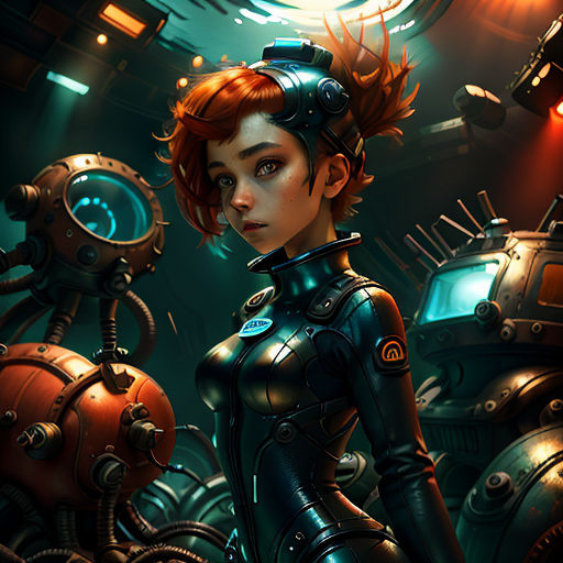 a woman in a futuristic suit standing in front of a machine room with a clock and a robot behind her