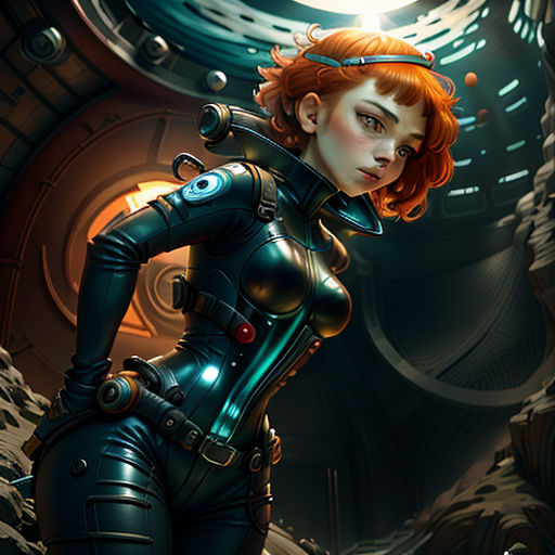 a woman in a futuristic suit standing in a tunnel with a clock on the wall behind her and a light shining on her face