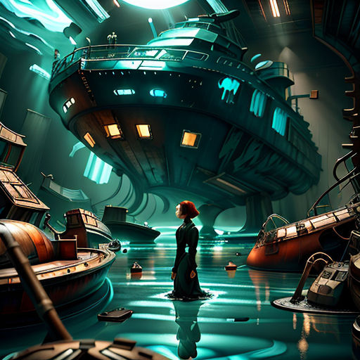 a woman standing in a room with a giant ship in the background and a giant light above her head