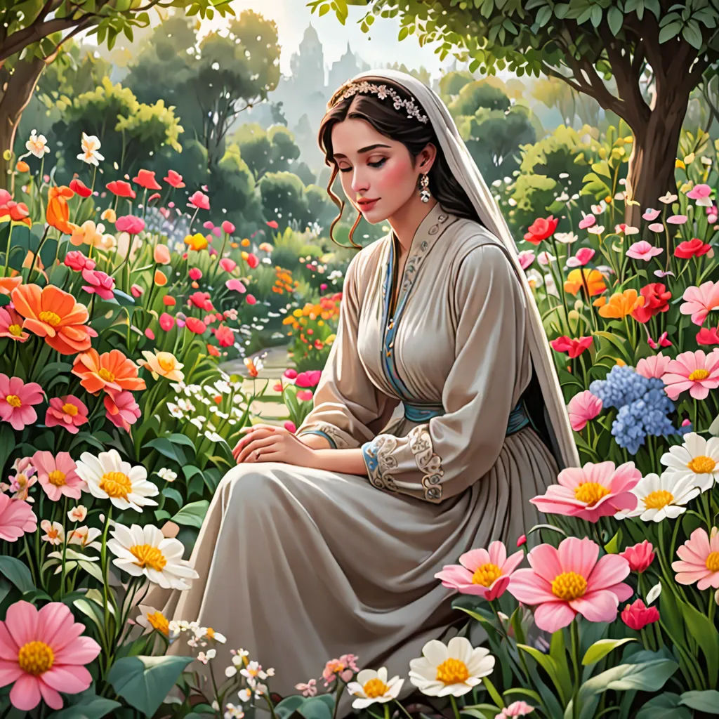 a painting of a woman sitting in a garden of flowers with a veil on her head and a veil on her head, fantasy art, a detailed painting, Anne Stokes, kinkade