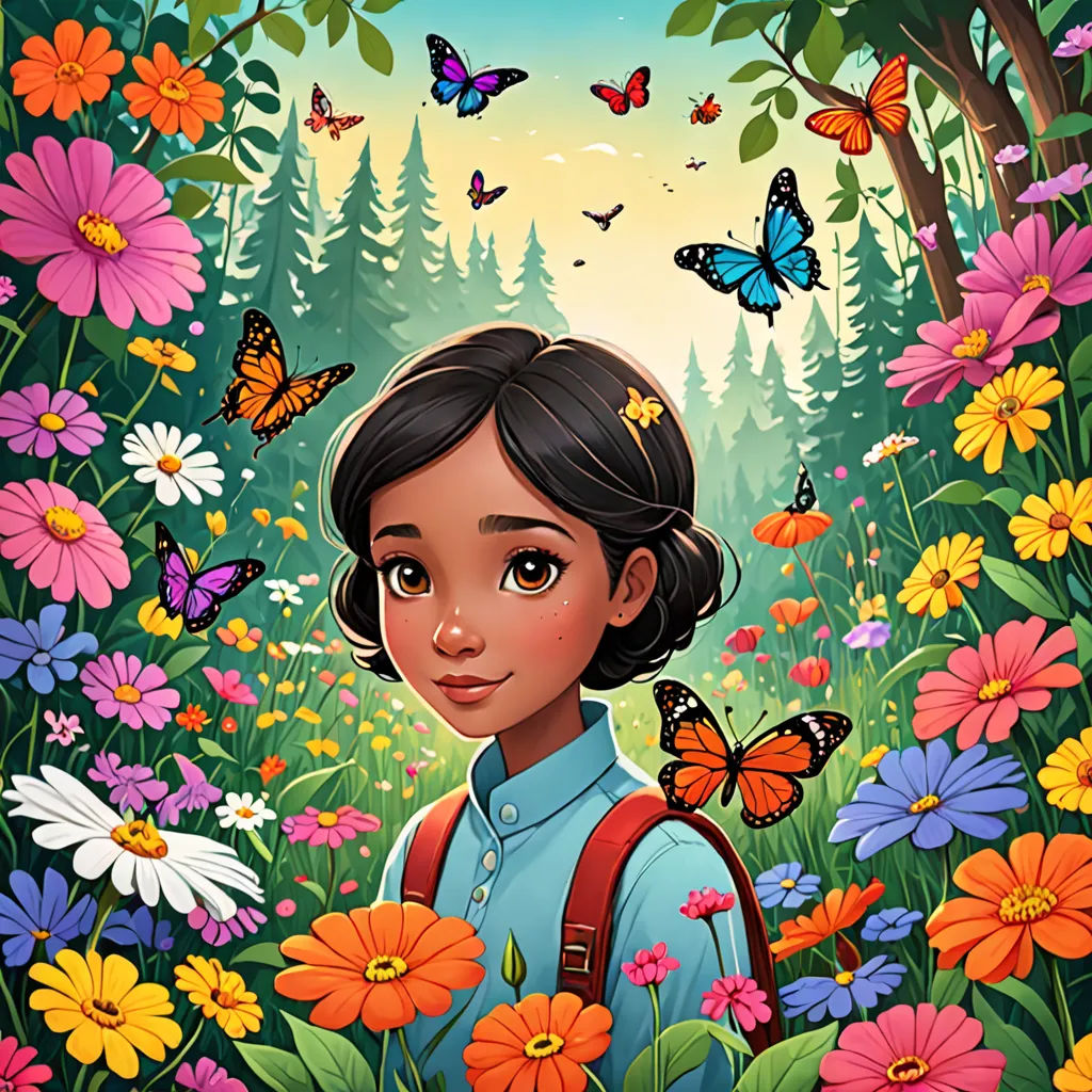 a painting of a girl in a field of flowers with butterflies flying around her and a forest in the background, magical realism, a character portrait, Ella Guru, comic cover art