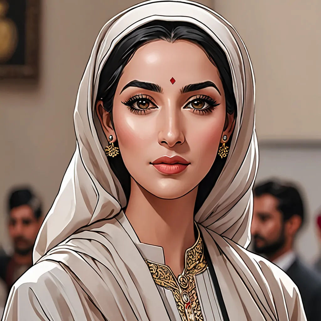 a woman in a white dress with a veil on her head and a man in a suit behind her, qajar art, a detailed painting, Ella Guru, high detail illustration
