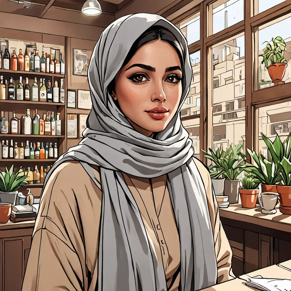 a woman in a scarf sitting at a table in a restaurant with a plant in the background and a menu on the table, hyperrealism, a comic book panel, Bouchta El Hayani, high detail illustration