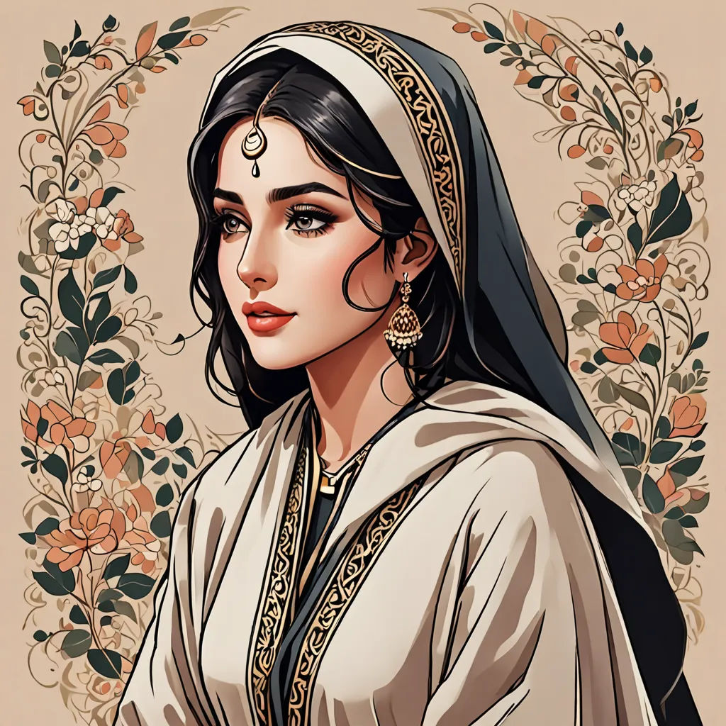 a woman in a white dress with a veil on her head and a floral wreath behind her head, in a sepia, qajar art, egyptian art, Altoon Sultan, beautiful detailed