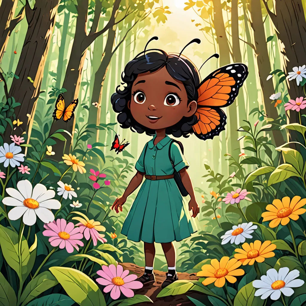a cartoon girl in a forest with butterflies on her wings and flowers around her shoulders, with a butterfly on her shoulder, magical realism, a storybook illustration, Ella Guru, promotional image