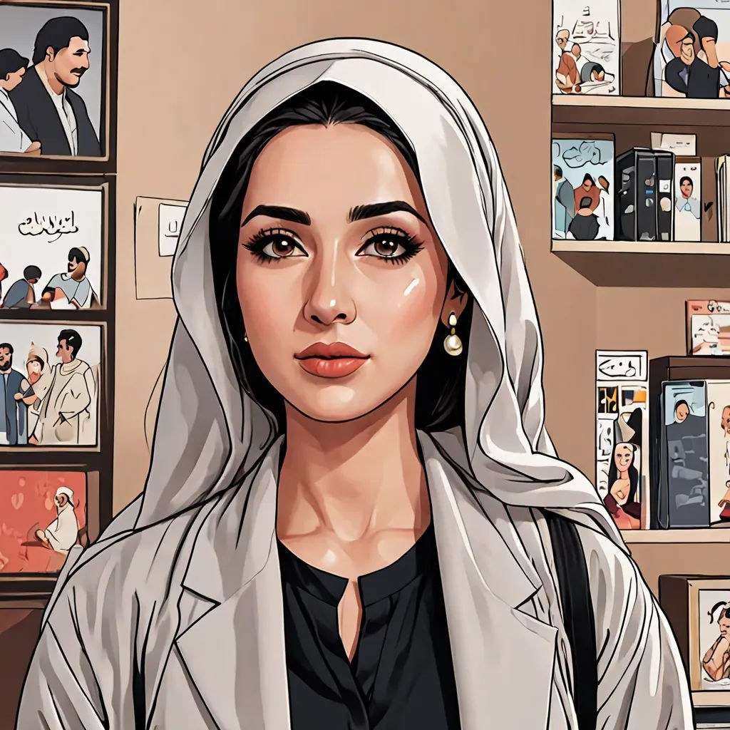 a woman in a gray jacket and a white scarf is standing in front of a wall with pictures of people, qajar art, a comic book panel, Amir Zand, comic book