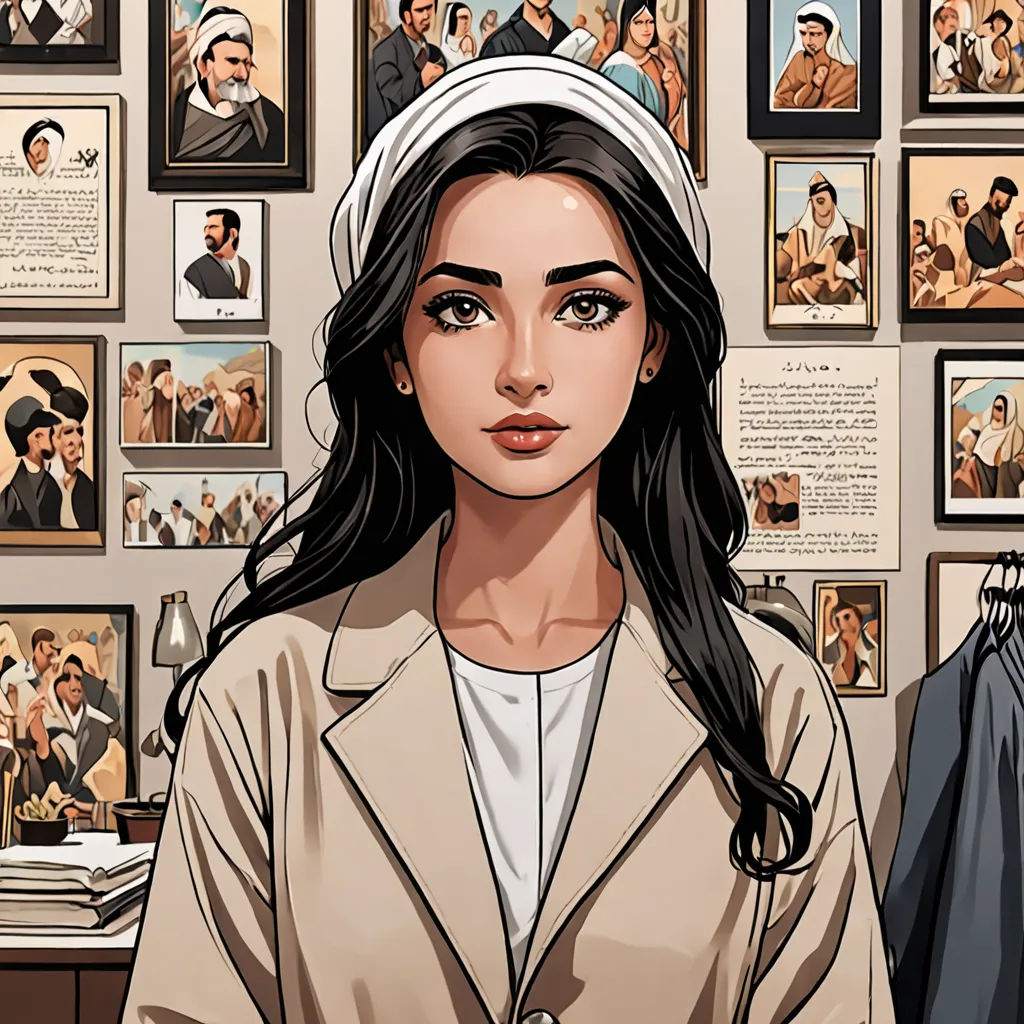 a woman in a white shirt and a man in a suit and tie are standing in front of a wall with pictures of people, serial art, a character portrait, Elina Karimova, comic cover art