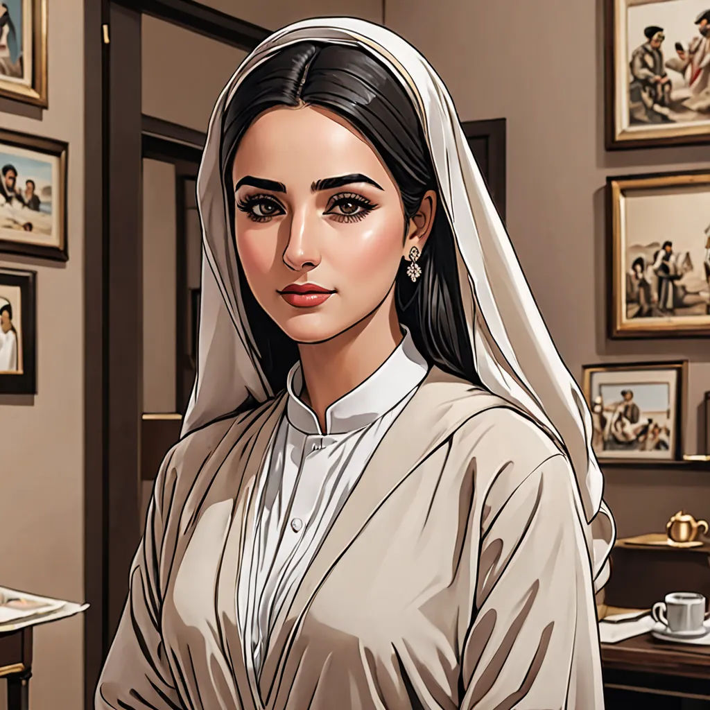 a woman in a nun outfit standing in a room with pictures on the wall and a table with a cup of coffee, qajar art, a comic book panel, Elina Karimova, comic cover art