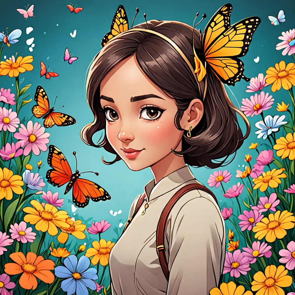 a girl with a butterfly on her head in a field of flowers and butterflies with a blue sky in the background, fantasy art, a character portrait, Audrey Kawasaki, kinkade