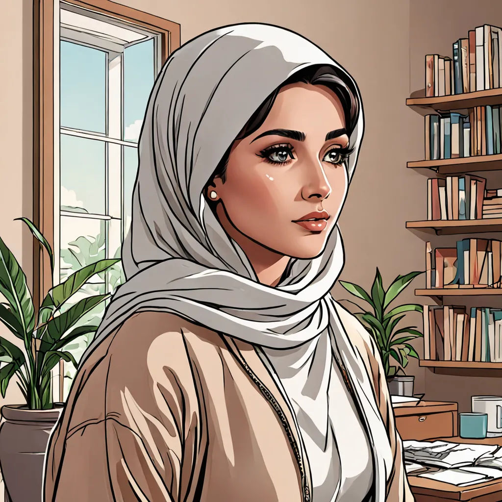 a woman in a headscarf is standing in front of a bookcase and a window with a plant, serial art, a comic book panel, Altoon Sultan, graphic novel