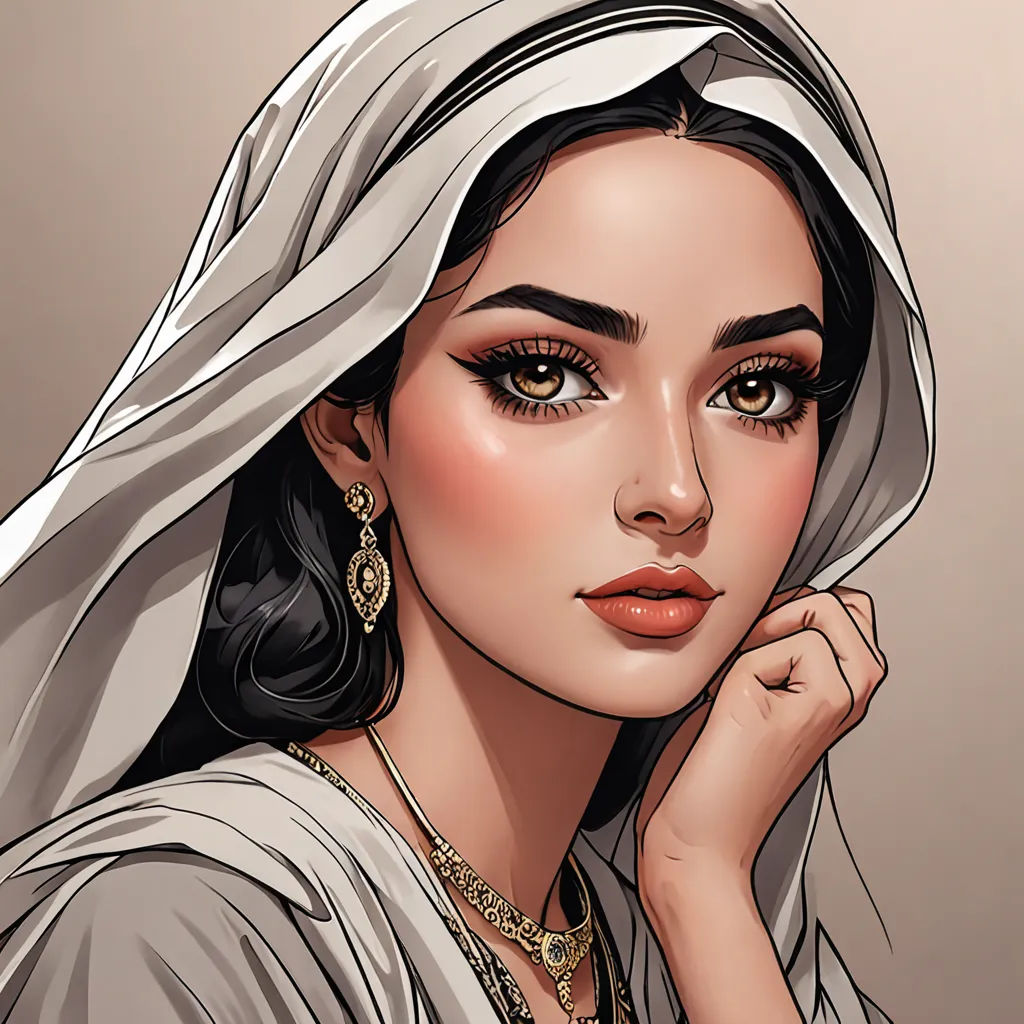 a woman with a veil on her head and a necklace on her neck, wearing a white dress and a gold necklace, qajar art, egyptian art, Altoon Sultan, beautiful detailed