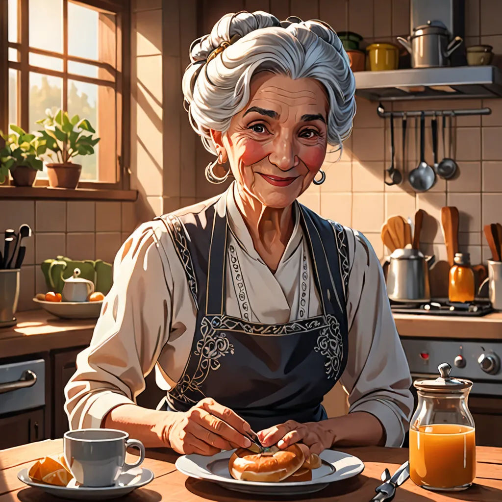 a painting of a woman sitting at a table with a plate of food and a cup of coffee in front of her, photorealism, a character portrait, Ada Gladys Killins, ultra realistic illustration