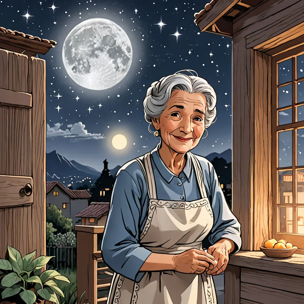 a woman standing in front of a window with a full moon in the background and a potted plant in the foreground, magical realism, a storybook illustration, Eileen Aldridge, promotional image