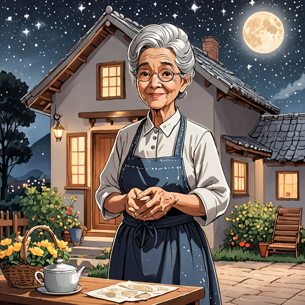 a woman in an apron standing in front of a house with a full moon in the background and a basket of flowers in front of her, magical realism, a storybook illustration, Byeon Sang-byeok, official art