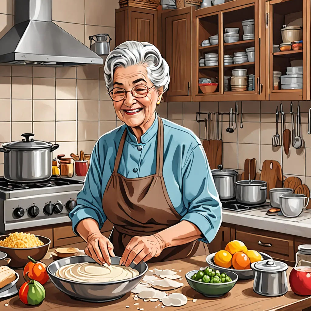 a woman in a kitchen preparing food on a counter top with a pot and pan on it and a pan of food on the counter, computer art, computer graphics, Bracha L. Ettinger, highly detailed digital painting