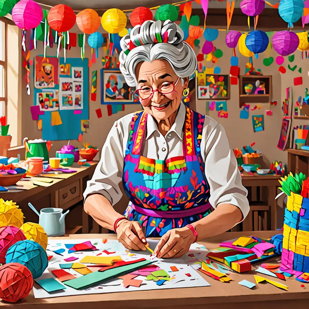 a woman is making a picture of a woman in a room with many decorations and paper balls on the table, naive art, computer graphics, Charles Ginner, highly detailed digital painting