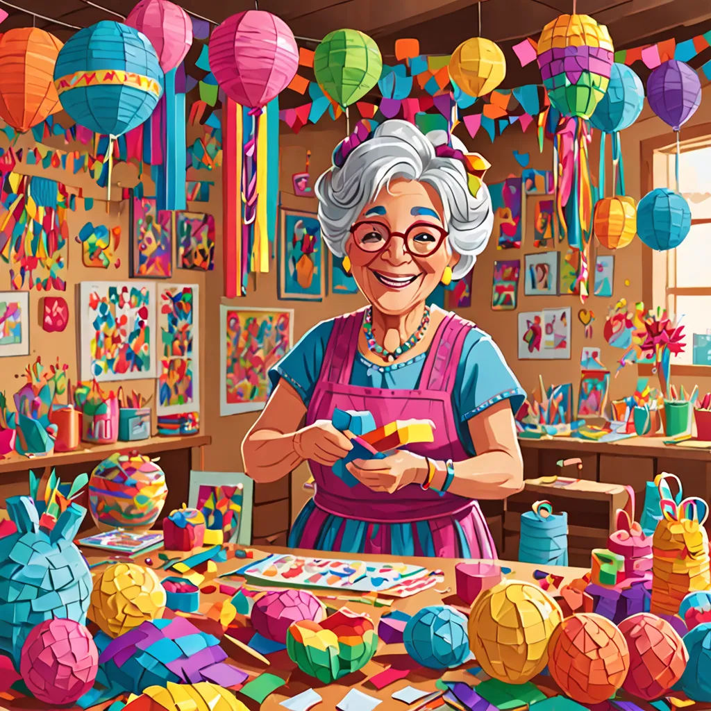 a woman is standing in a room with many decorations on the wall and a table with a cake on it, naive art, a character portrait, Eileen Aldridge, highly detailed digital painting