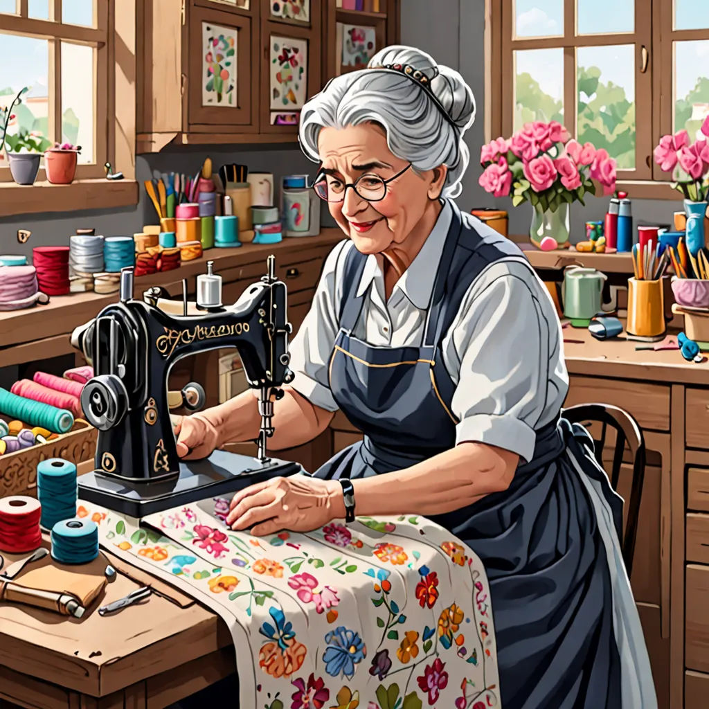 a woman is sewing on a sewing machine in a room with many flowers and a window with a view of the outside, naive art, computer graphics, Anne Said, highly detailed digital painting