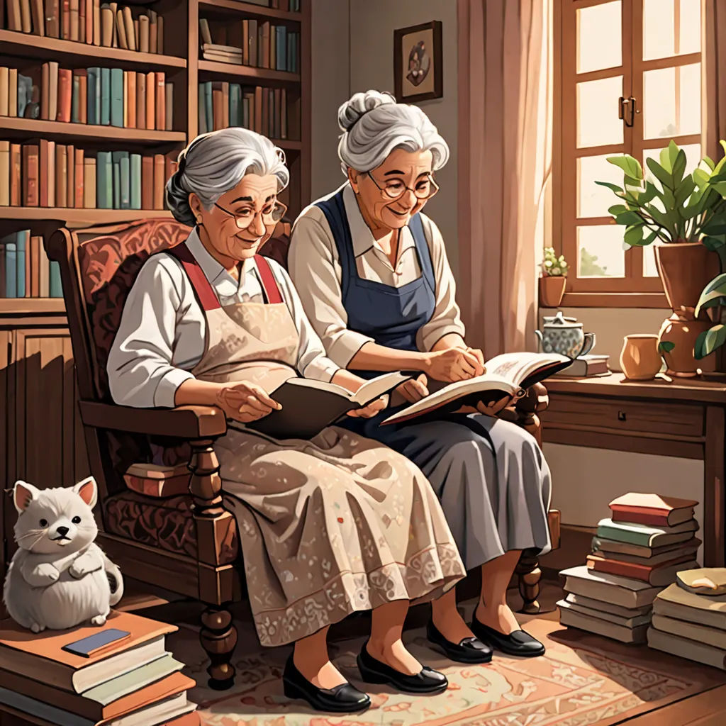 a painting of two women sitting in a chair reading a book together in front of a cat and a cat on the floor, fantasy art, a storybook illustration, Colin Middleton, storybook illustration