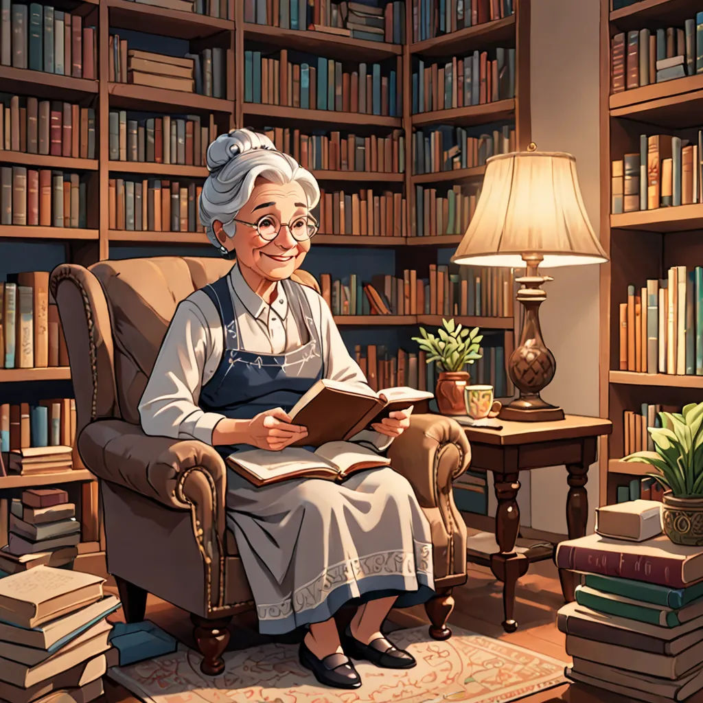 a woman sitting in a chair in front of a book shelf filled with books and a lamp on a table, fantasy art, a storybook illustration, Chris LaBrooy, storybook illustration