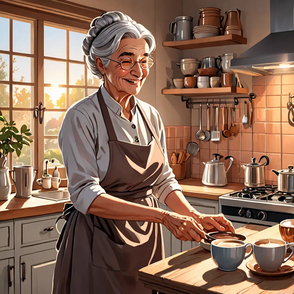 a painting of a woman cooking in a kitchen with a pot and pan on the counter top and a pot on the stove, american scene painting, computer graphics, Evgeny Lushpin, ultra realistic illustration