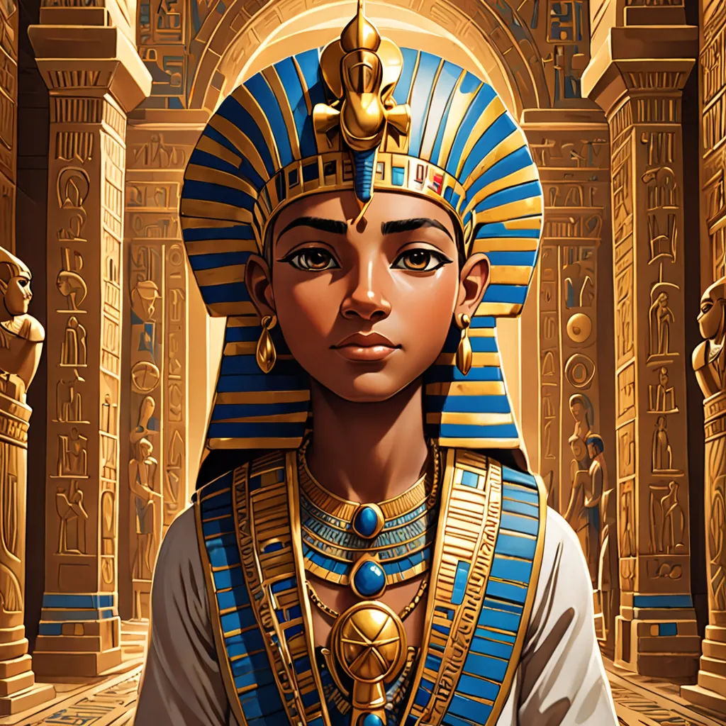 a painting of an egyptian woman in a golden outfit with a blue and gold headpiece and gold jewelry, fantasy art, egyptian art, Drew Struzan, rossdraws global illumination