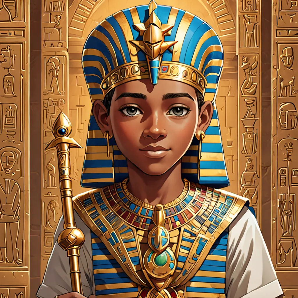 a woman in a pharaoh costume holding a sword and a golden staff in front of a golden wall with egyptian writing, afrofuturism, egyptian art, Drew Struzan, 2 d game art
