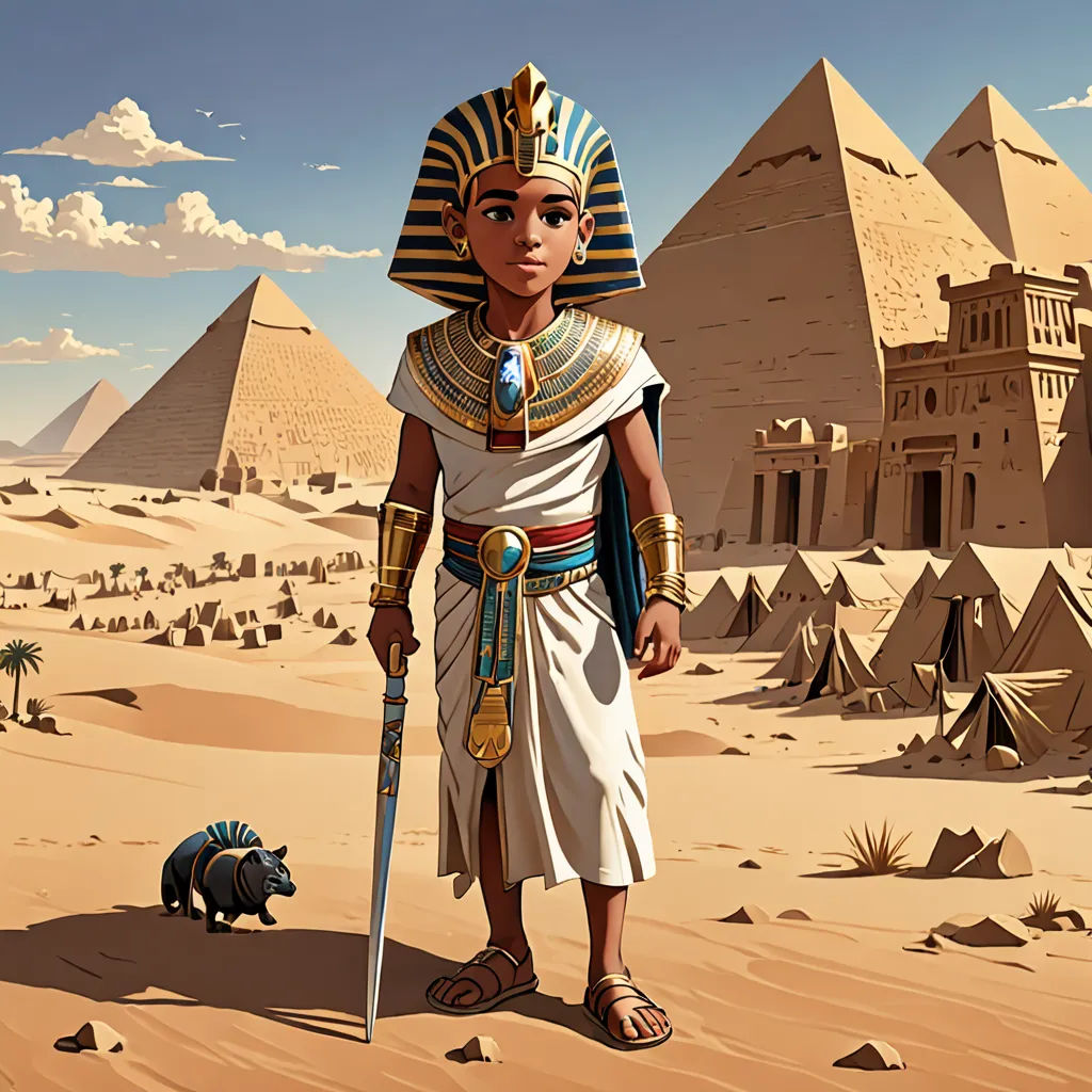 a man in a costume standing in front of a desert with a camel and a camel - like creature, fantasy art, egyptian art, Asaf Hanuka, 2 d game art