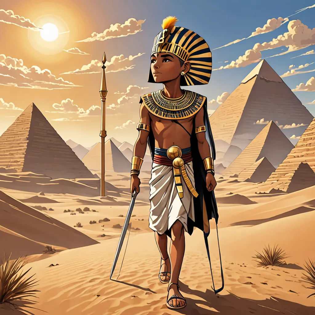 a man in a costume of an egyptian standing in the desert with a sword and a staff in his hand, afrofuturism, egyptian art, Altoon Sultan, 2 d game art