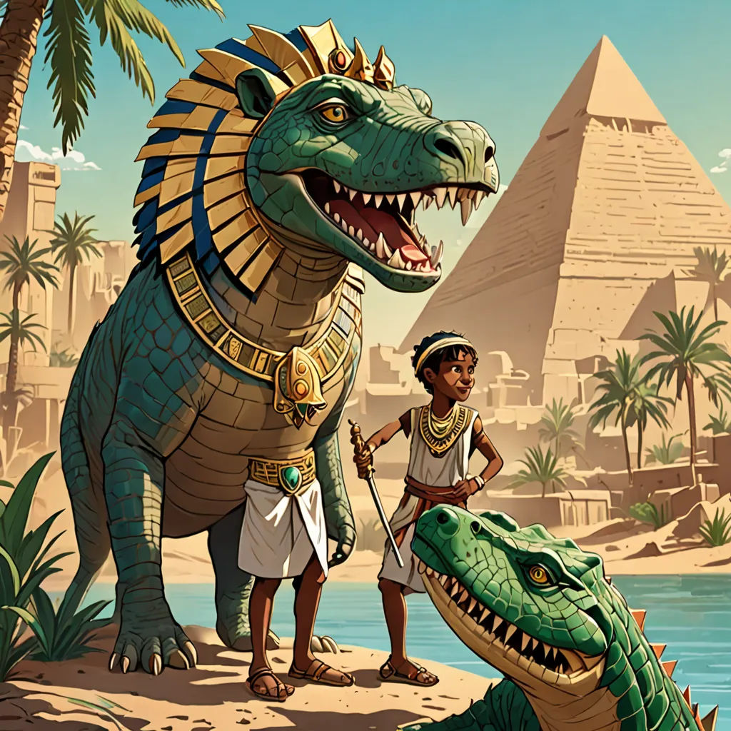a man standing next to a large dinosaur near a body of water with a pyramid in the background and a pyramid in the background, fantasy art, egyptian art, Adam Rex, storybook illustration