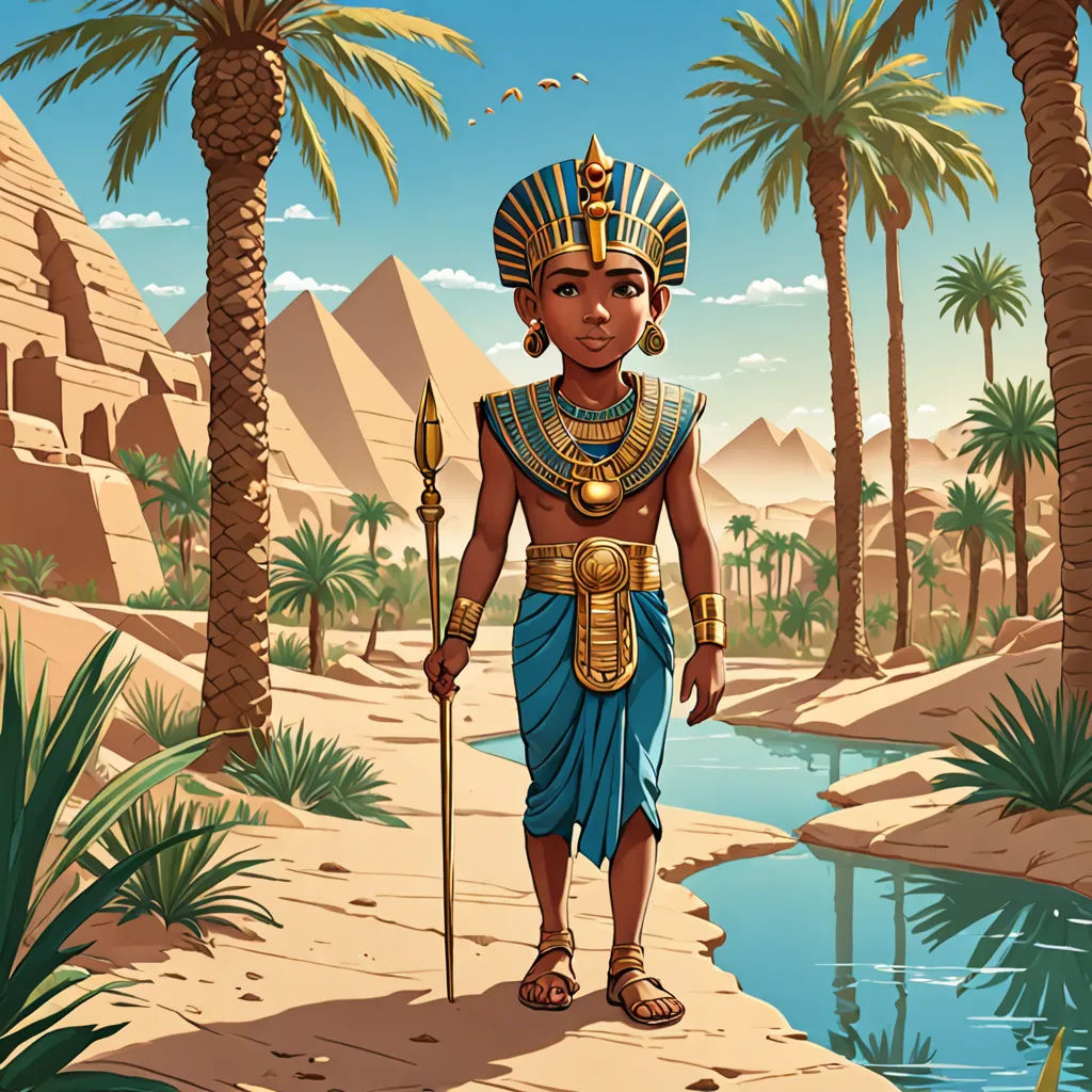 a painting of a man in egyptian costume standing in front of a river and palm trees with a gold headpiece, fantasy art, egyptian art, Altoon Sultan, storybook illustration