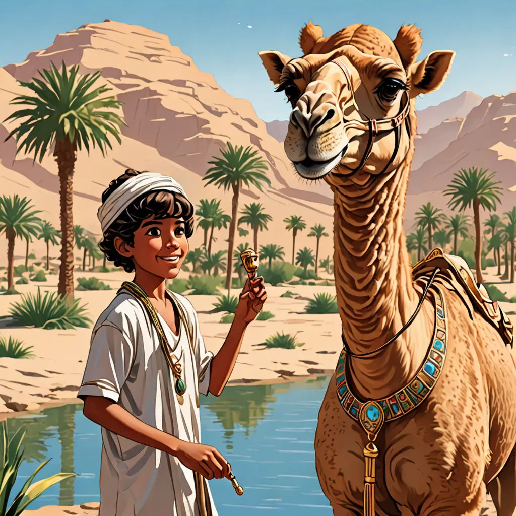 a boy is standing next to a camel in the desert with palm trees in the background and a desert landscape, les nabis, egyptian art, Asaf Hanuka, desert