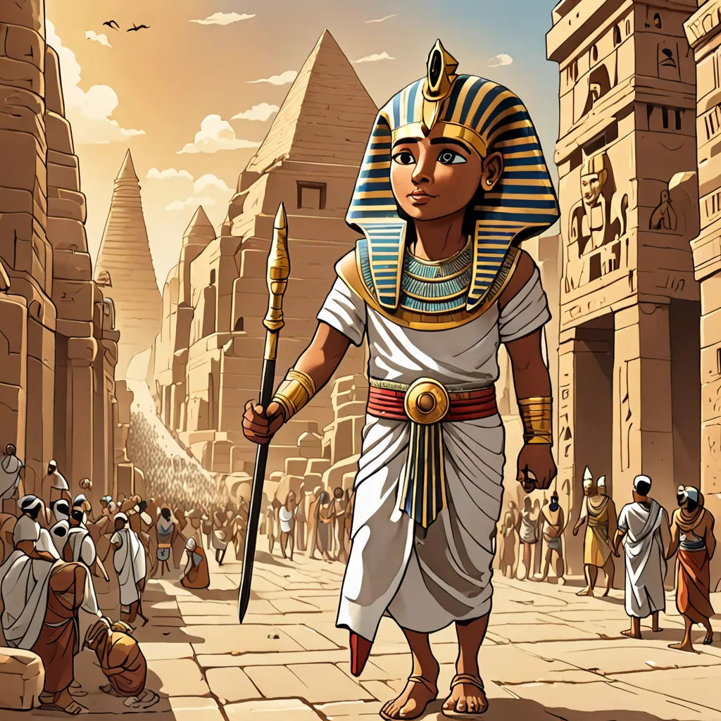 a cartoon of a man in a pharaoh costume holding a staff and walking through a city street with people, fantasy art, egyptian art, Altoon Sultan, giantess art