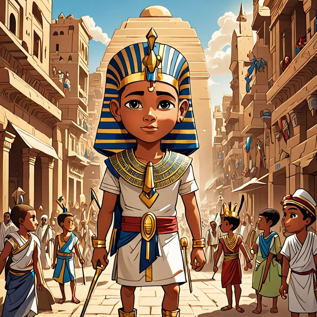 a cartoon of a man in a pharaoh costume with a sword and other people in the background walking down a street, afrofuturism, egyptian art, Altoon Sultan, 2 d game art