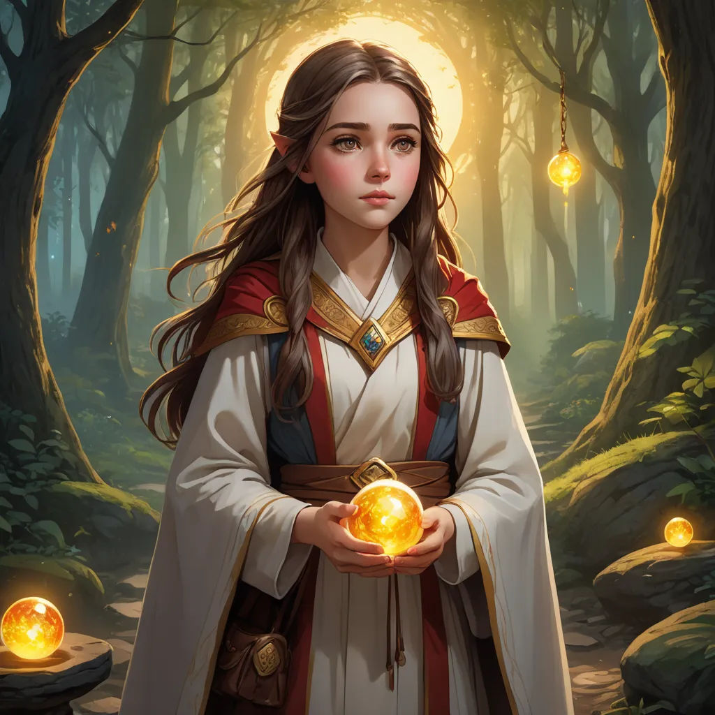 a woman holding a glowing orb in a forest with trees and lights around her, in front of a forest with glowing orbs, fantasy art, a character portrait, Fan Qi, fantasy illustration