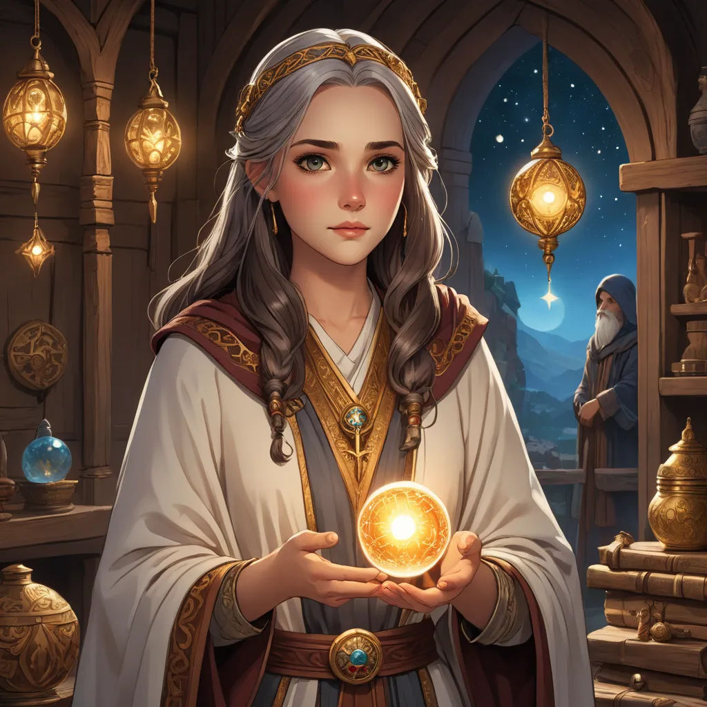 a woman holding a crystal ball in her hands in a room with lights and decorations on the walls and a man standing in the background, fantasy art, a character portrait, Donato Giancola, rossdraws global illumination
