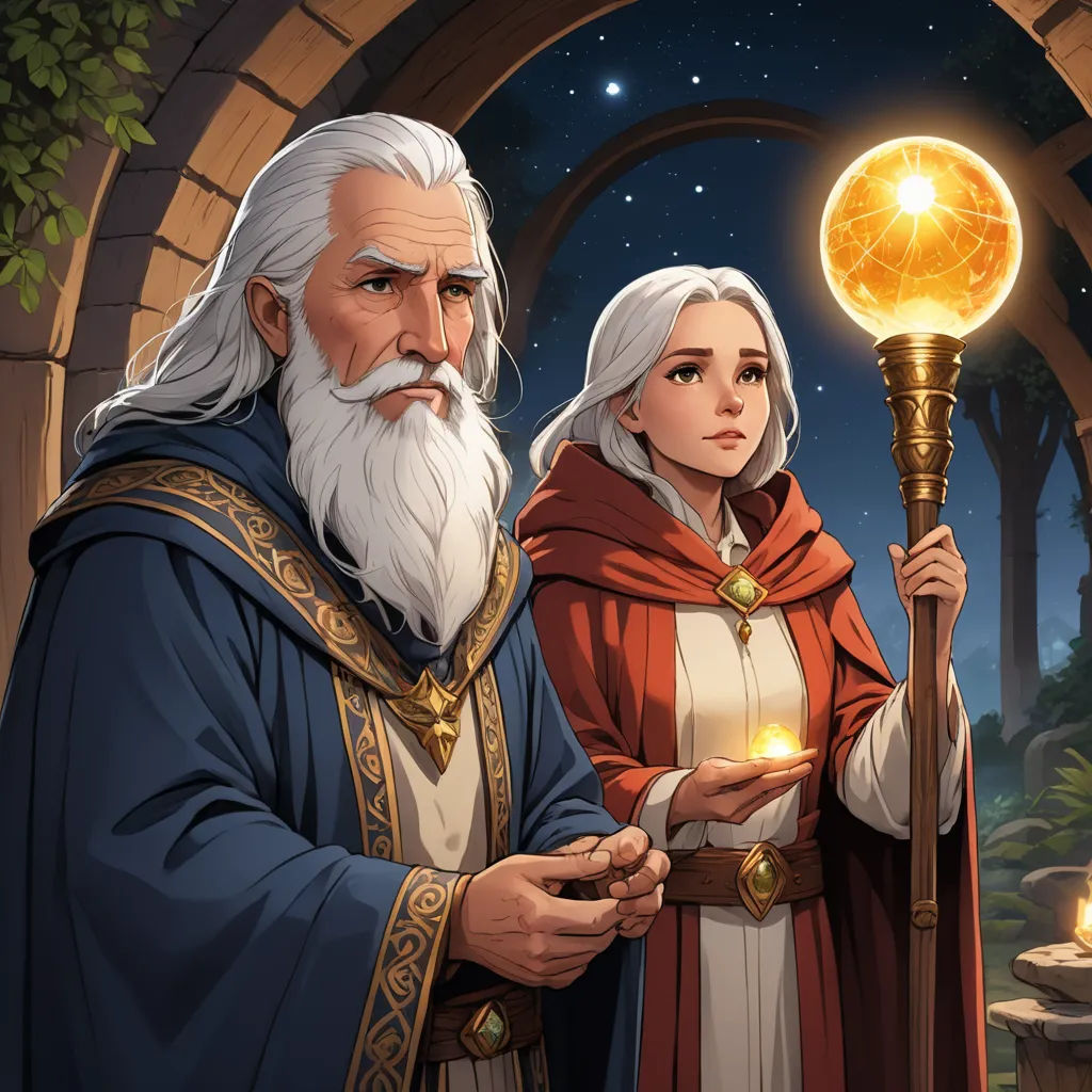 a man and a woman holding a wand and a ball of fire in their hands, standing in front of a doorway, fantasy art, a storybook illustration, Christophe Vacher, rossdraws global illumination
