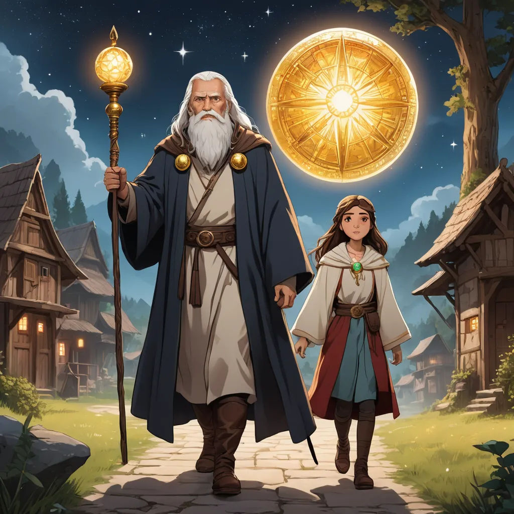 a man and a woman standing in front of a house with a golden sun on it's face, fantasy art, a storybook illustration, Diego Gisbert Llorens, official art