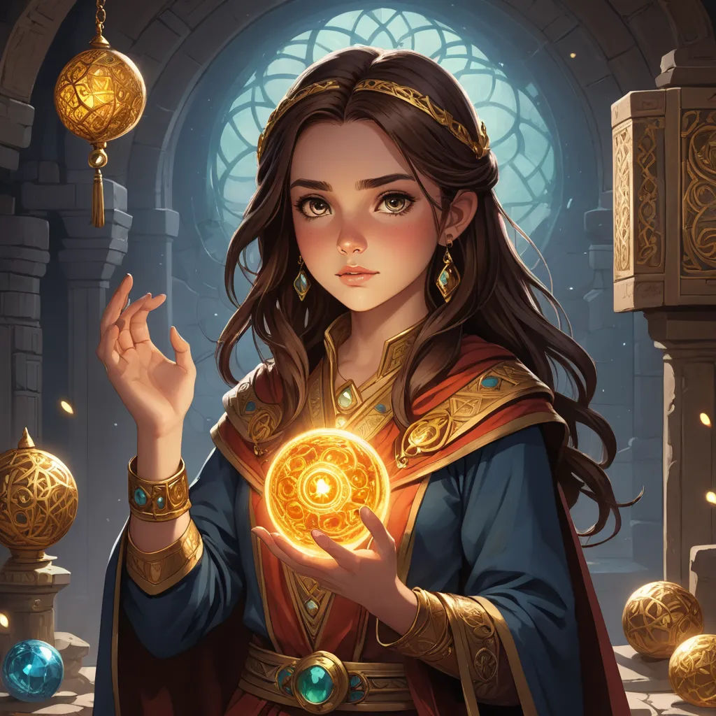 a woman in a medieval costume holding a golden orb in her hand and a golden key in her hand, fantasy art, a detailed painting, Artgerm, rossdraws global illumination