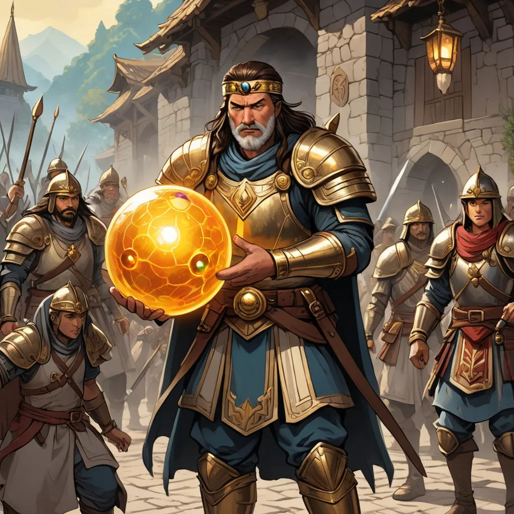 a group of men in medieval armor standing next to each other in front of a castle with a golden orb, fantasy art, concept art, Clint Cearley, epic fantasy character art