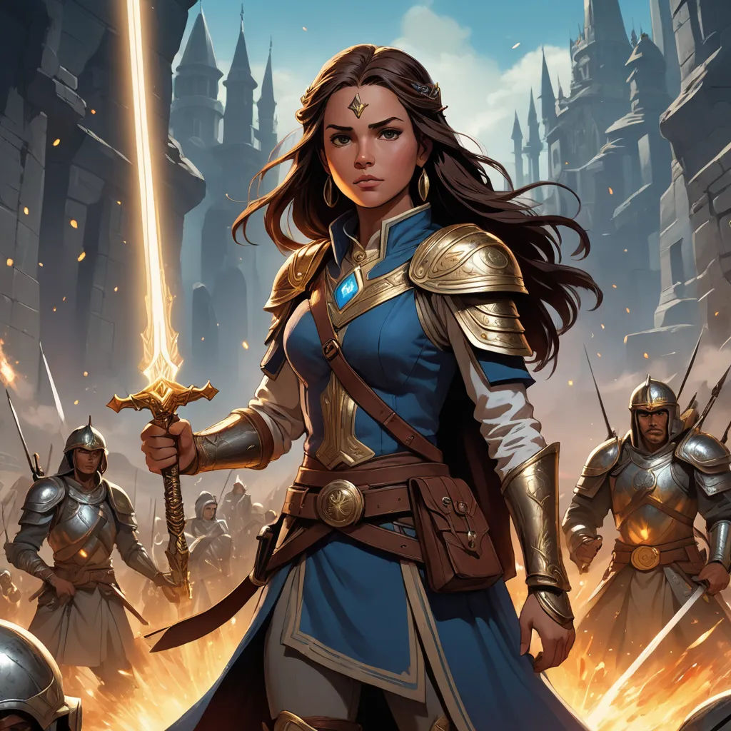 a woman in a blue dress holding a sword in front of a group of men in armor and armor, fantasy art, concept art, Clint Cearley, magic the gathering artwork