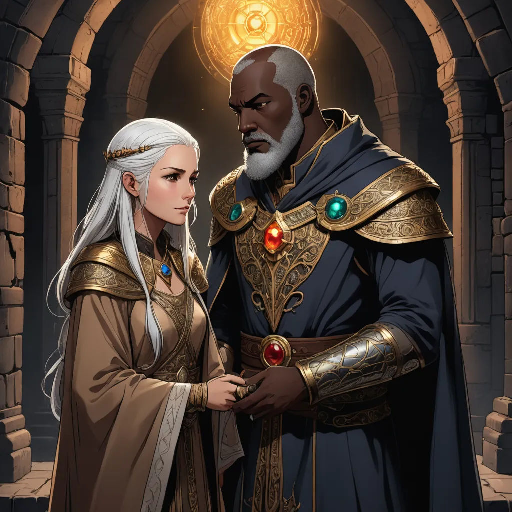 a man and a woman dressed in medieval clothing standing next to each other in a stone archway with a golden halo, fantasy art, a storybook illustration, Donato Giancola, epic fantasy character art
