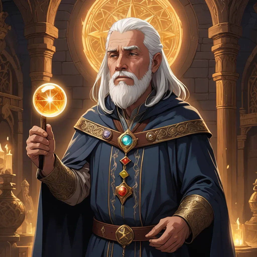 a man in a blue robe holding a crystal ball in his hand and a golden orb in his hand, fantasy art, a character portrait, Christophe Vacher, epic fantasy character art