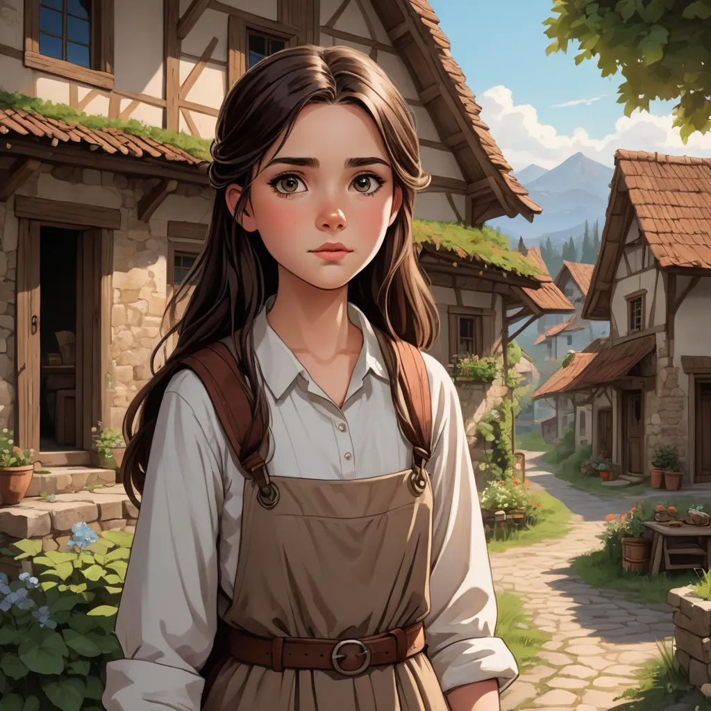 a girl in a brown dress standing in front of a house with a brown apron on and a brown bag, fantasy art, a storybook illustration, Artgerm, kinkade