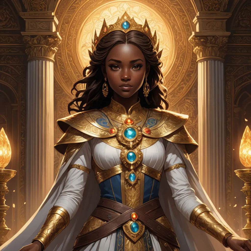 a woman in a white dress and gold armor standing in front of a pillared building with columns and a light, fantasy art, concept art, Chris Rallis, magic the gathering artwork