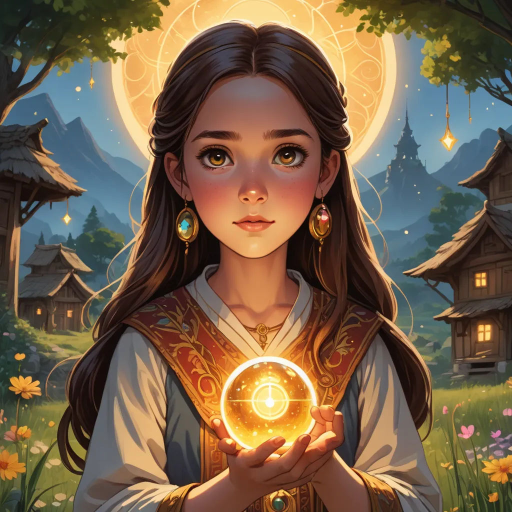 a girl holding a glowing orb in her hands in front of a forest with houses and trees in the background, fantasy art, a storybook illustration, Anato Finnstark, kinkade